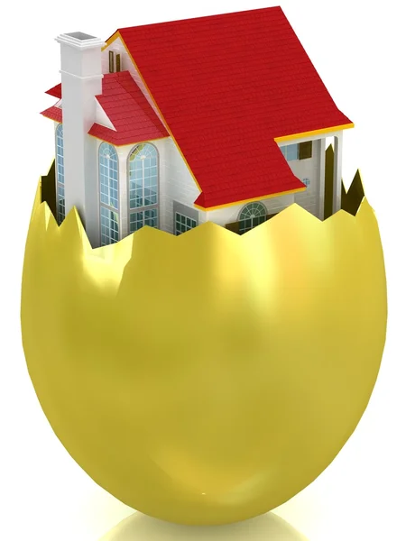 3d будинок, що з'являється в зламаній золотій яєчній оболонці — стокове фото