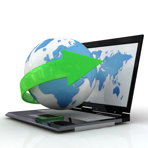 Laptop med globe och grön pil. 3D render. — Stockfoto