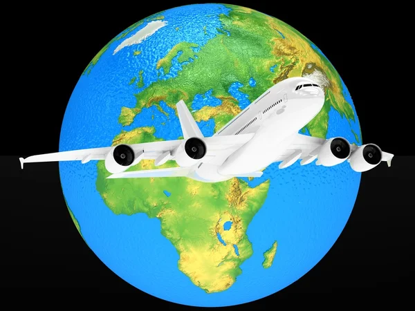 Airliner with a real globe on black — Stock Photo, Image
