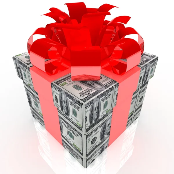 Geschenkbox mit 100-Dollar-Packung. — Stockfoto