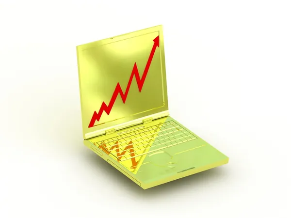 Golden reflect laptop with business chart — Stock Photo, Image