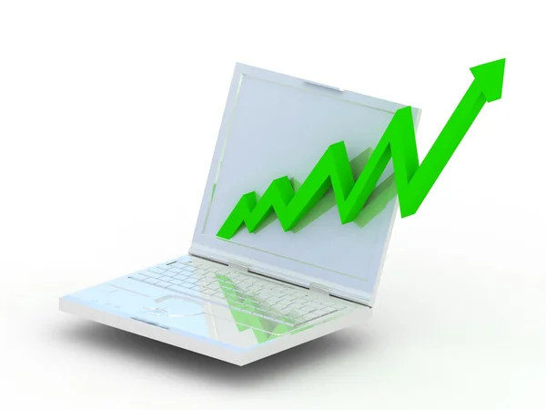 stock image White laptop with business green graph