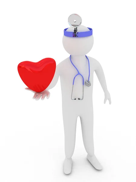 Arzt mit Ausrüstung und Herzsymbol auf der rechten Handfläche. — Stockfoto