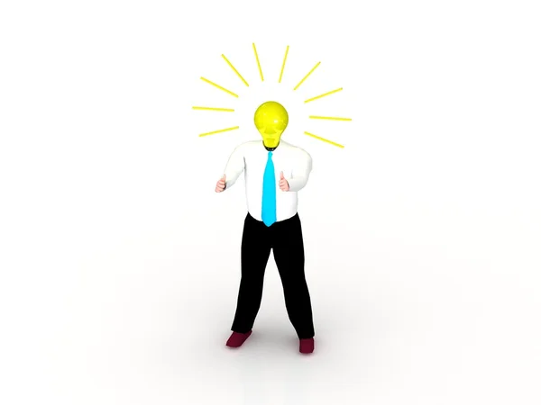 IDEA MAN: Людська фігура з блискучою лампочкою для голови стоїть в . — стокове фото