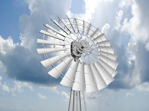 A single wind turbine over a cloud filled blue sky. — Stock Photo, Image