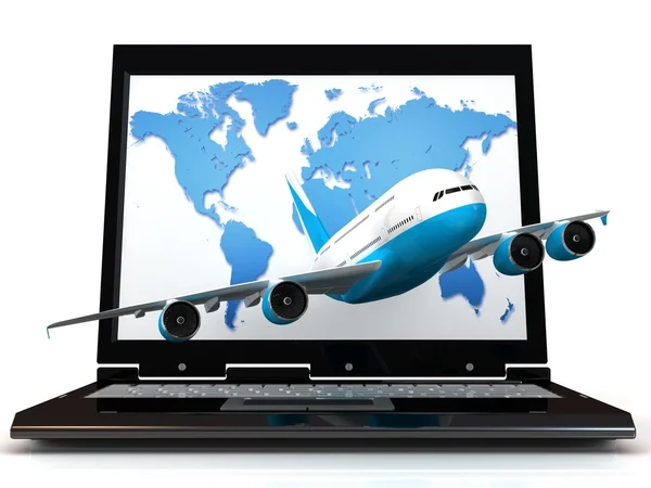 Samolot startuje z monitora laptopa — Zdjęcie stockowe
