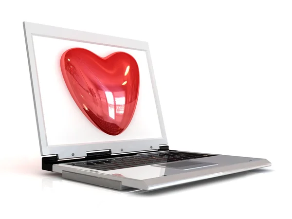 Laptop & coração vermelho 3d internet conceito — Fotografia de Stock