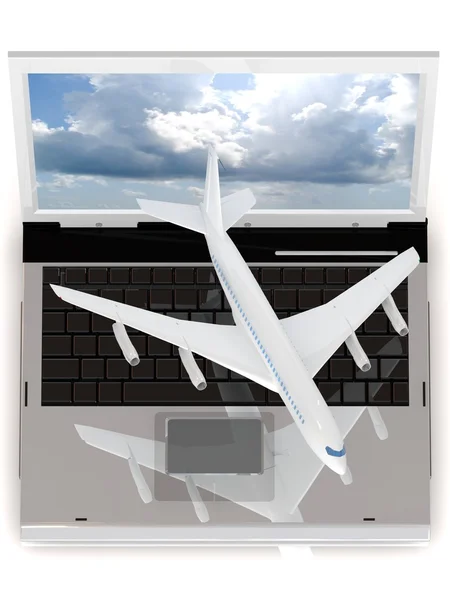 飞机起飞从便携式计算机的显示器 — 图库照片