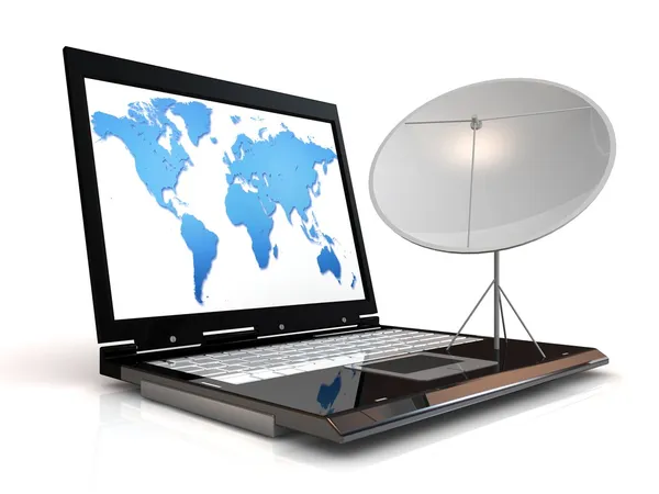 Concetto di comunicazione globale. Computer portatile e satellite . — Foto Stock
