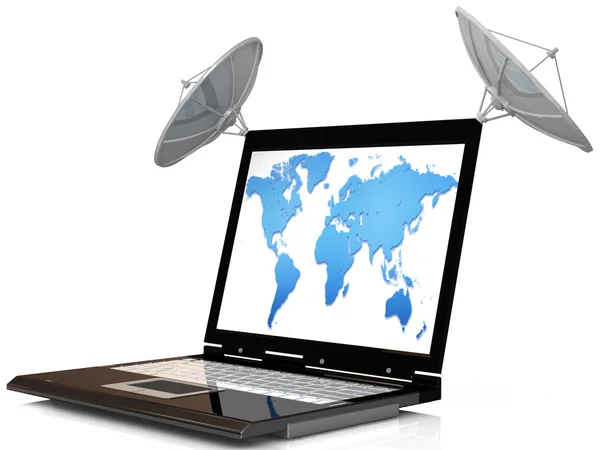 Concepto de comunicación global. Ordenador portátil y satélite . —  Fotos de Stock