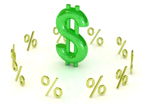 Green symbol dollar with golden percent symbols around — Stock Photo, Image
