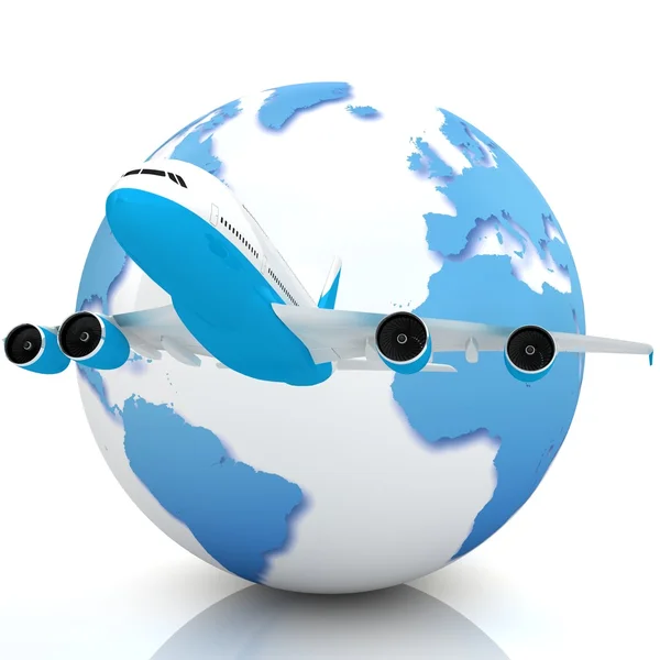 Airliner with globe in the white background — Stock Photo, Image