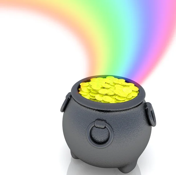 3d pot full of gold with rainbow — Stock Photo, Image