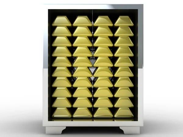 3D-Abbildung eines Stahlsafes mit Goldbarren im Inneren — Stockfoto