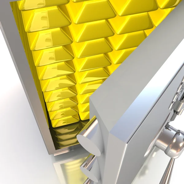 अंदर सोने के बुलियन के साथ स्टील सेफ का 3 डी चित्रण — स्टॉक फ़ोटो, इमेज