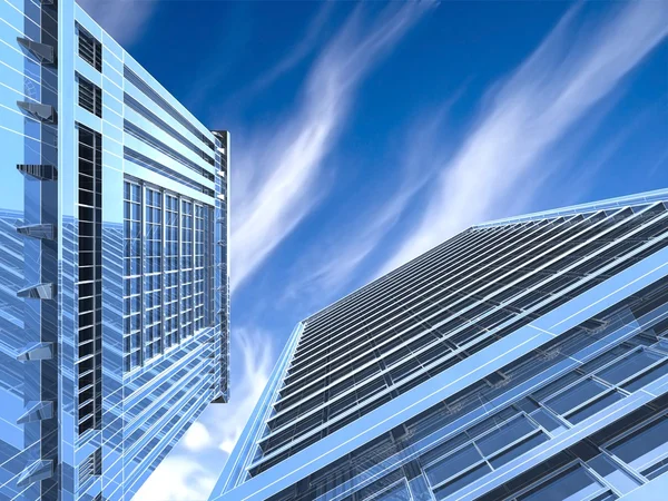 Moderna skyskrapor på molnlandskap bakgrund — Stockfoto