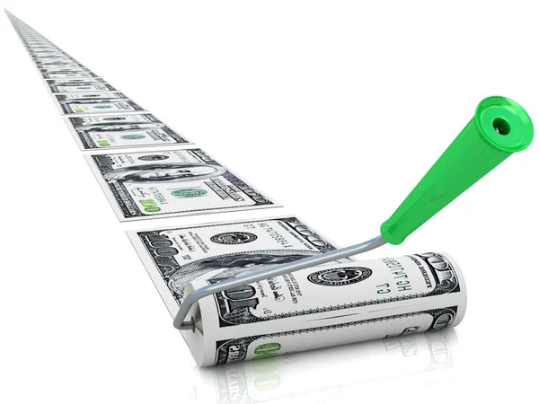 Rollerpinsel mit Dollarfarbe auf weißem Hintergrund — Stockfoto