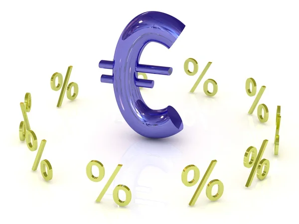 Blue euro symbol with golden percent symbols around — Stock Photo, Image