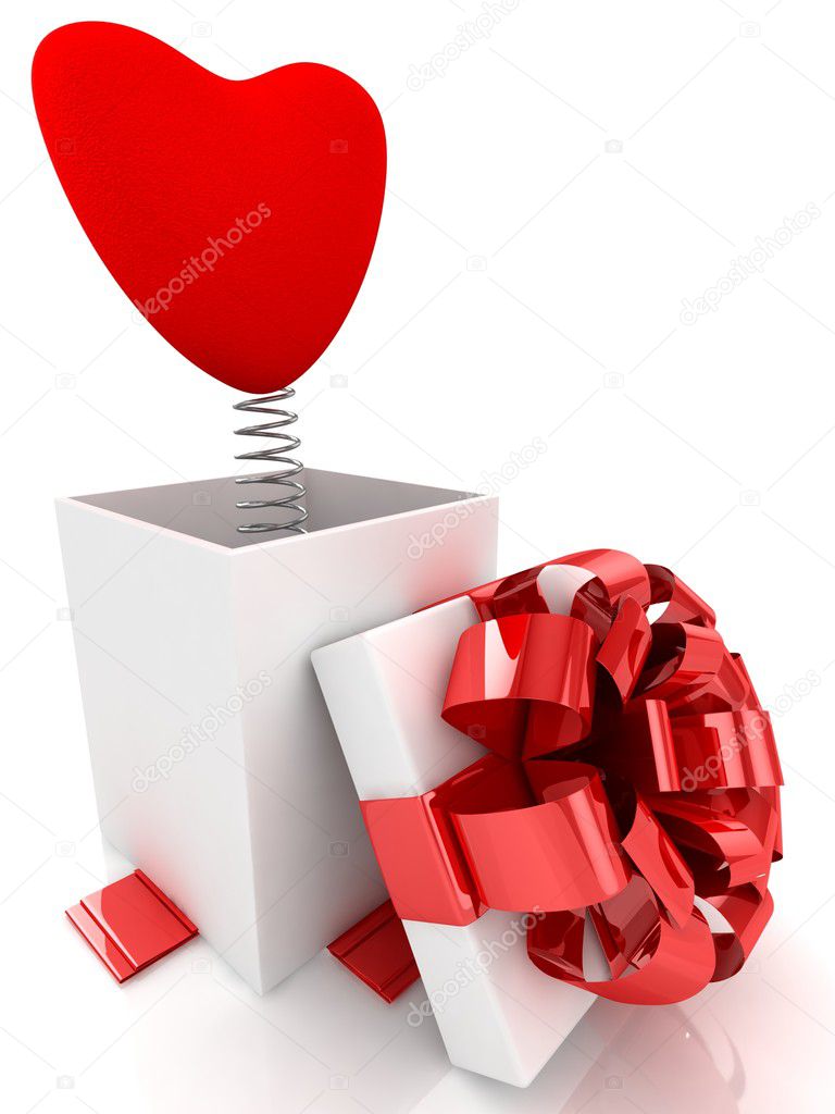 Open Gift box with heart surprise over white background. 3d illustration.