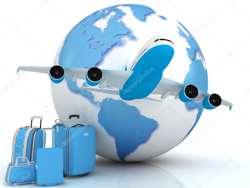 Airplane traffic with a globe and luggage