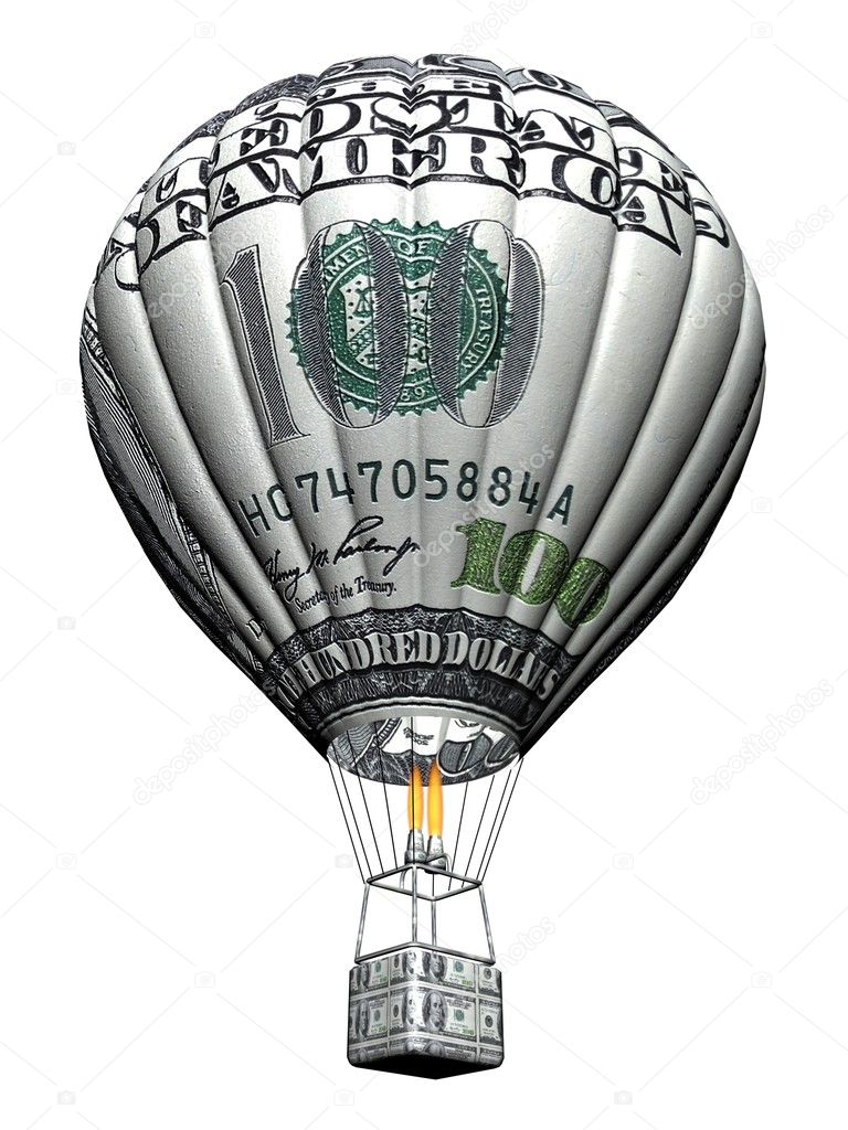 Hot air balloon with 100 dollar banknote isolated on white background.