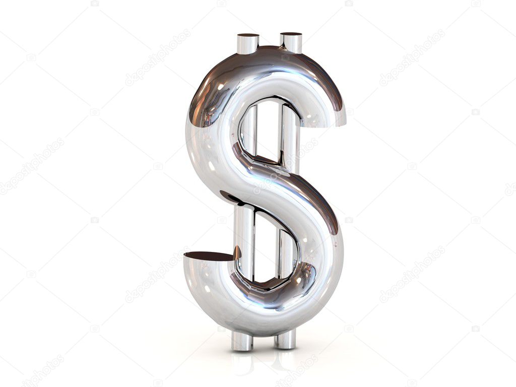 Chrome glass dollar sign isolated on white background