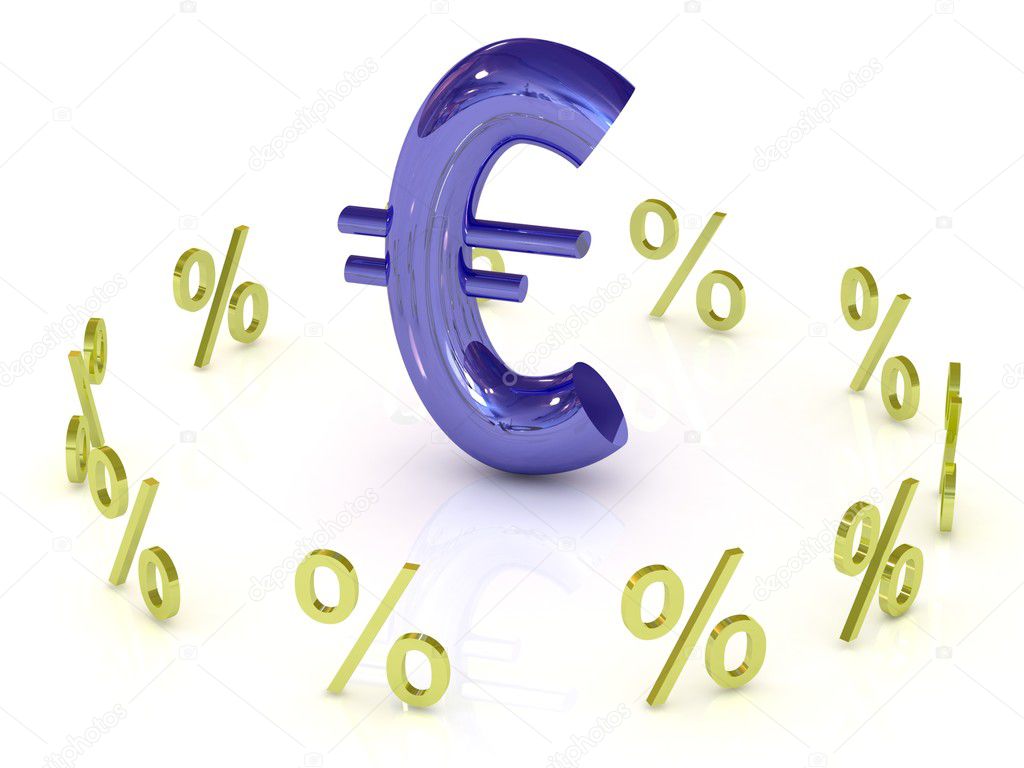 Blue euro symbol with golden percent symbols around