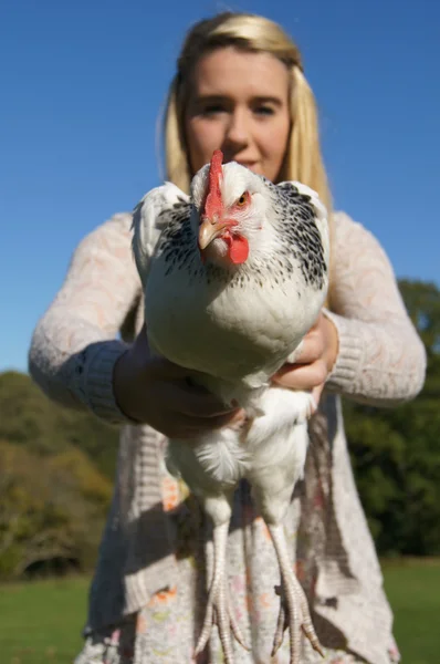 Kız holding tavuk — Stok fotoğraf