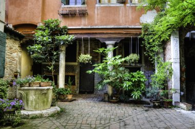 Italian courtyard with plants in containers clipart