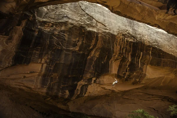 Rock climber rapelling down orange cliff — Stock Photo, Image
