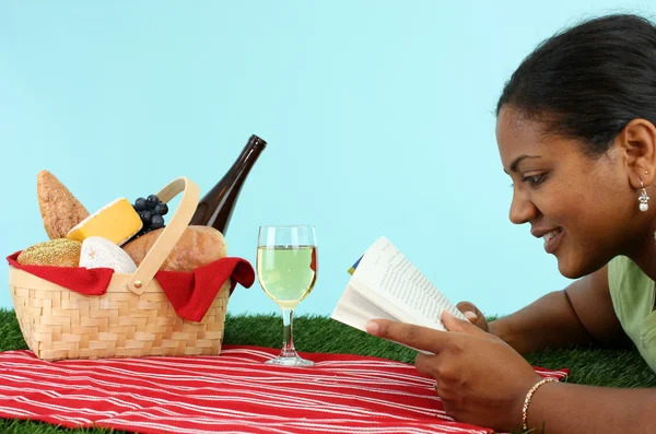 Piknik sepeti kadınla — Stok fotoğraf