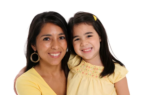 Mulher e filha em fundo branco — Fotografia de Stock