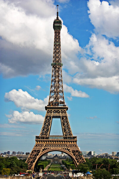Eiffel Tower set against a blue sky
