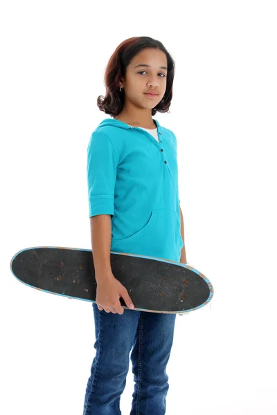 Bambino con Skateboard sfondo bianco — Foto Stock