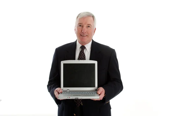 Starší muž s počítačem — Stock fotografie