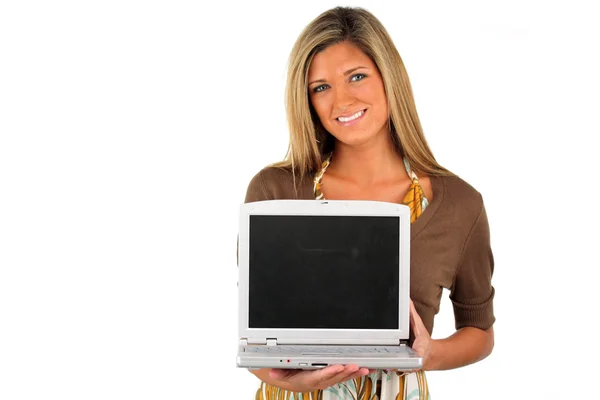 Donna che tiene il computer — Foto Stock