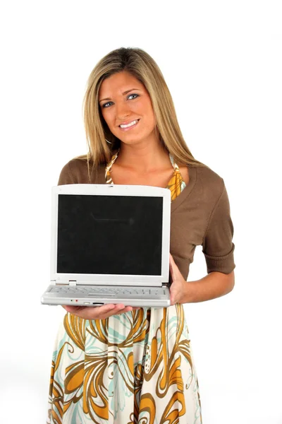 Woman Holding Computer — Stock Photo, Image