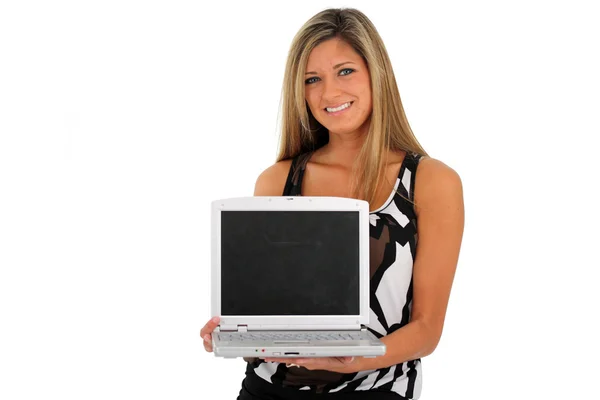 Mulher segurando computador — Fotografia de Stock