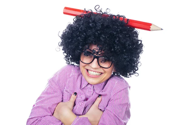 Funny schoolgirl with a big pen — Stock Photo, Image