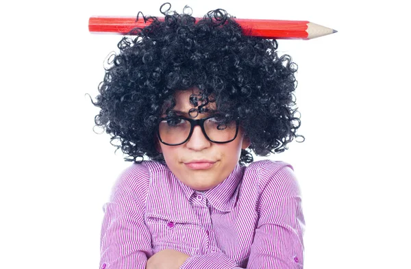 Roliga skolflicka med en stor penna — Stockfoto