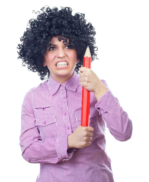 Funny schoolgirl with a big pen — Stock Photo, Image