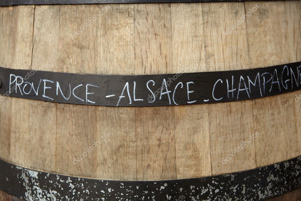 Wooden Wine Barrel With Names Of French Wine Regions Stock Photo by