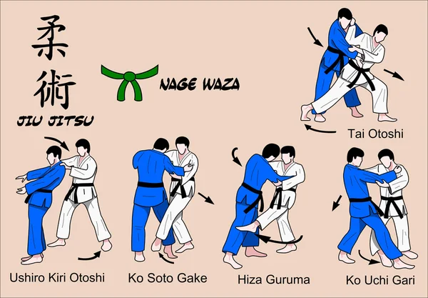 Técnicas de jitsu de judo y jiu — Vector de stock