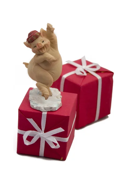 Gift boxes with pig statue — ストック写真