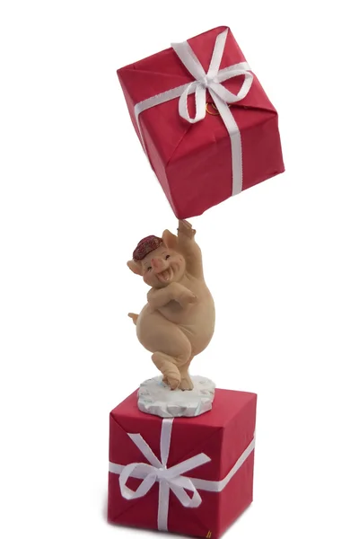 Scatole regalo con statua di maiale — Foto Stock