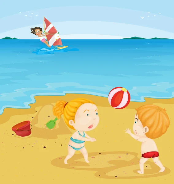 Kinder spielen am Strand — Stockvektor