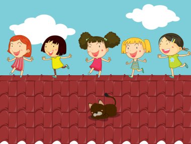 Cartoon illustration of kids on the roof clipart