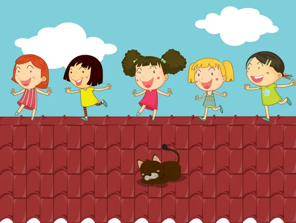 Illustrazione cartone animato di bambini sul tetto — Vettoriale Stock