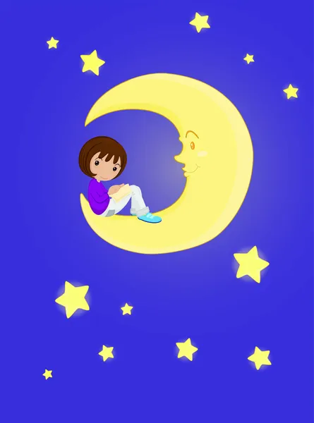 Fille assise sur une lune — Image vectorielle