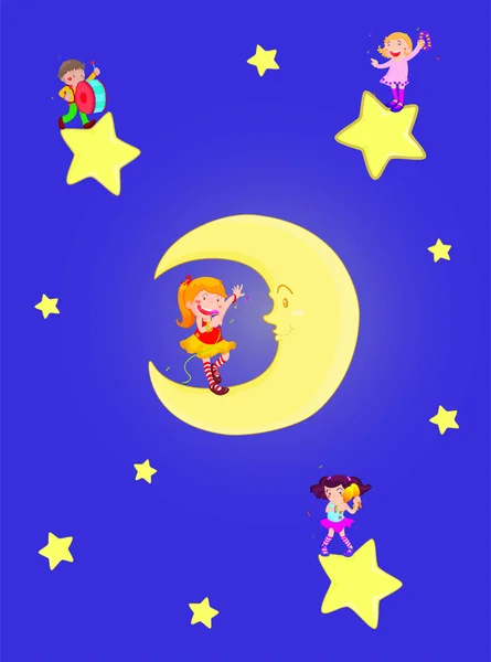 Kids with moon and star — Stock Vector